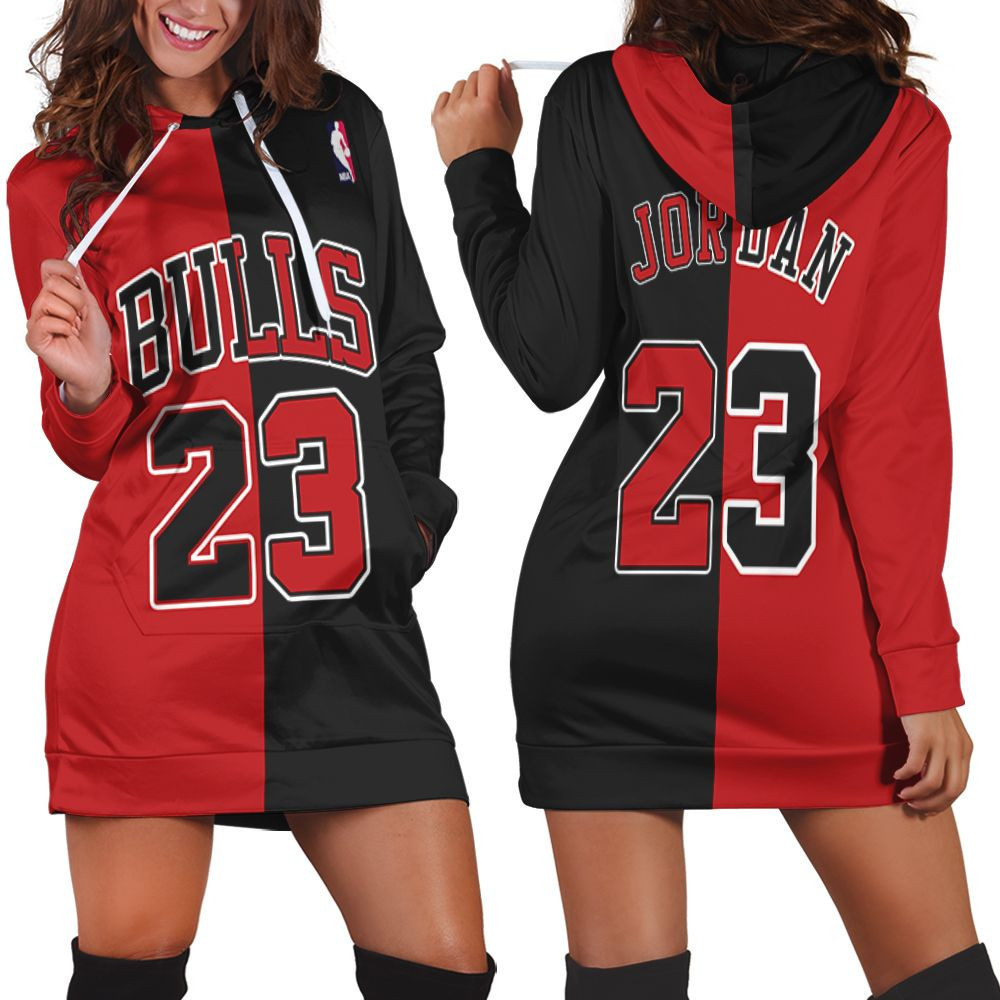 Chicago Bulls Michael Jordan 23 Nba Throwback Split Edition Red Black Jersey Inspired Style Hoodie Dress Sweater Dress Sweatshirt Dress