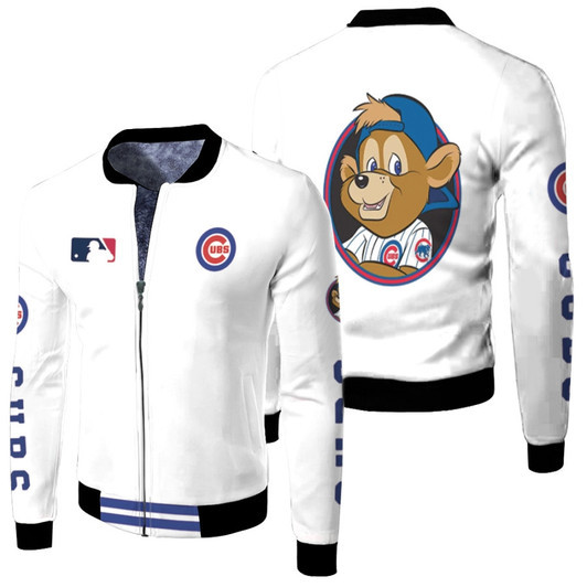 Chicago Cubs Mlb Baseball Team Clark Logo White Fleece Bomber Jacket