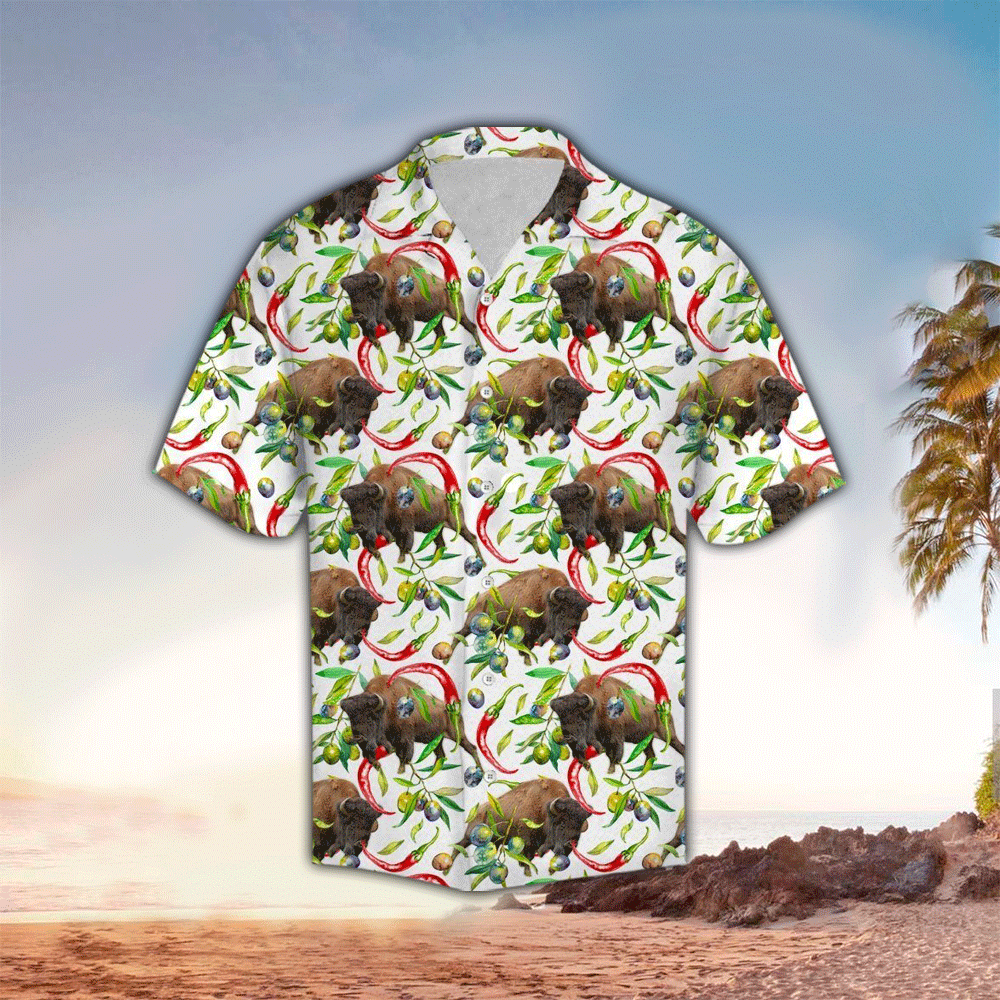 Chili Peppers And Bison Green Brown Best Unisex Hawaiian Shirt for Men and Women