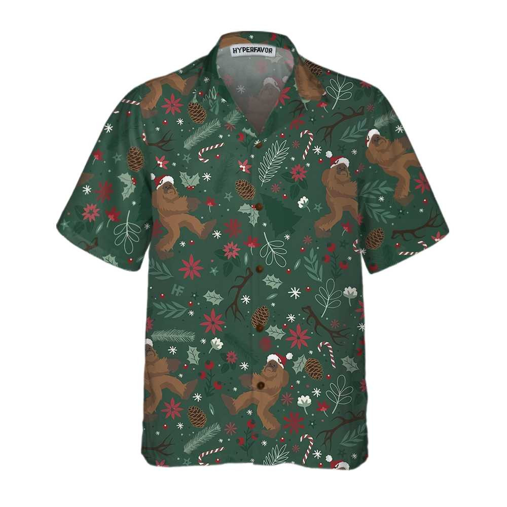 Christmas Bigfoot Pattern Hawaiian Shirt Funny Bigfoot Christmas Shirt For Men