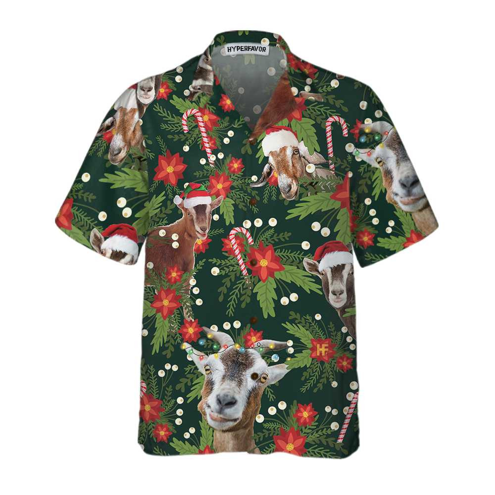 Christmas Goat With Poinsettia Flower Hawaiian Shirt Funny Christmas Goat Shirt