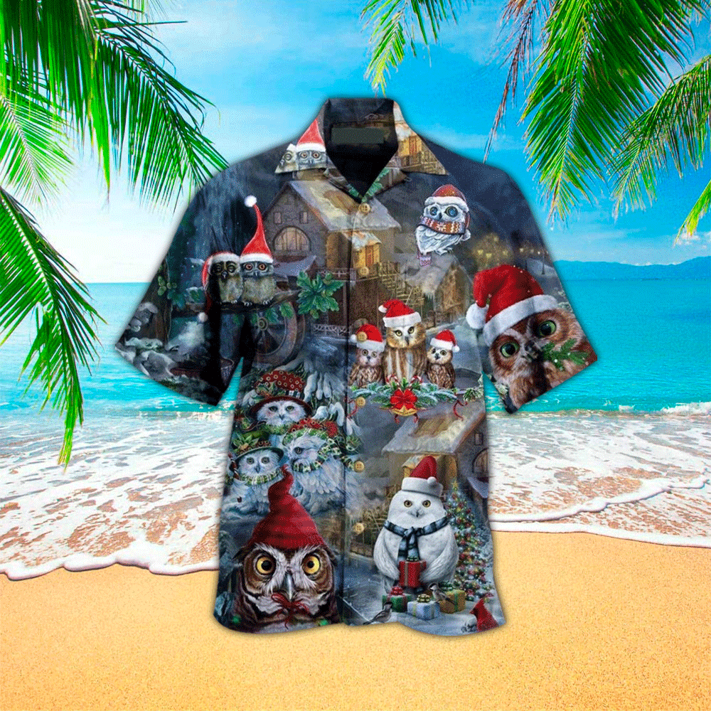 Christmas Owl Mens Hawaiian Shirt Owl Button Up Shirt for Men and Women