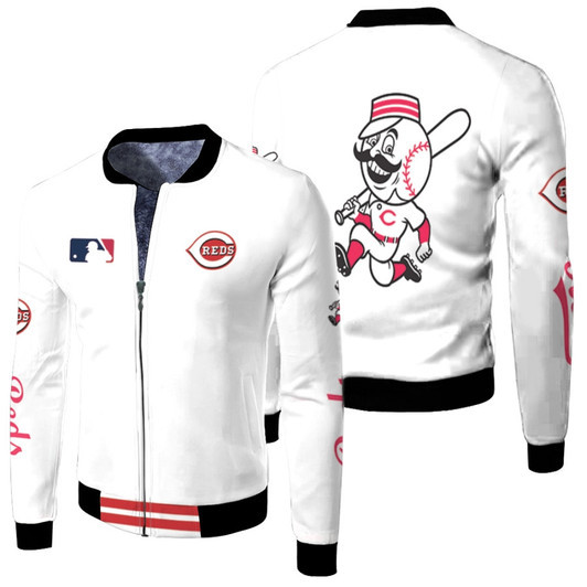 Cincinnati Reds Mlb Baseball Team Mr Redlegs Logo White Fleece Bomber Jacket