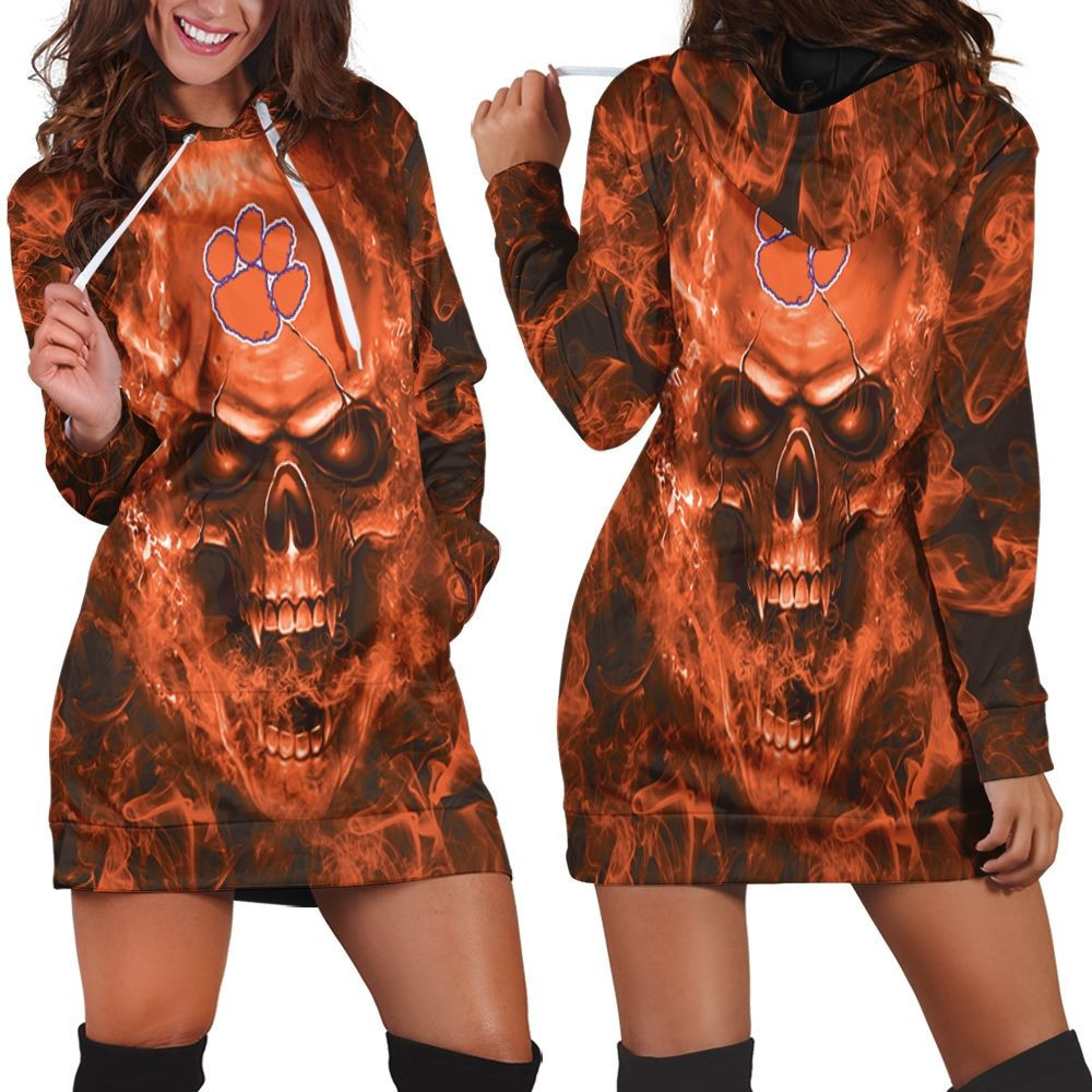 Clemson Tigers Ncaa Fans Skull Hoodie Dress Sweater Dress Sweatshirt Dress