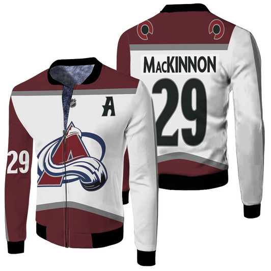 Colorado Avalanche Nathan Mackinnon 29 Nhl 2020 White And Wine Jersey Style Gift For Avalanche Fans Fleece Bomber Jacket