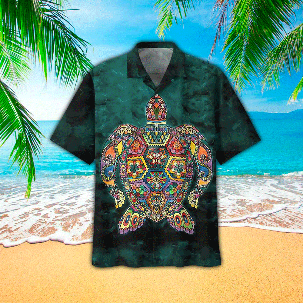 Colorful Mandala Sea Turtle Print Hawaiian Shirt Summer Aloha Shirt, Short Sleeve Hawaiian Shirt