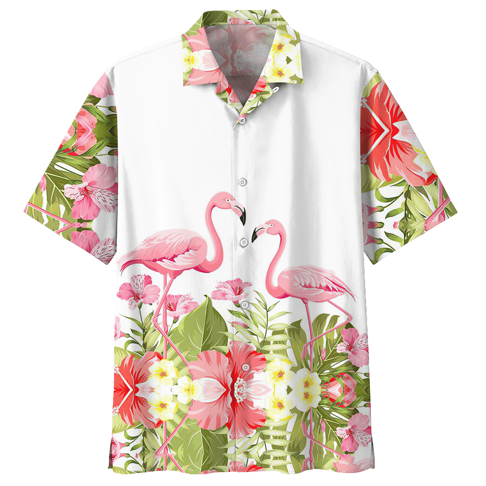 Couple Flamingo Tropical Flower Aloha Hawaiian Shirt Colorful Short Sleeve Summer Beach Casual Shirt For Men And Women