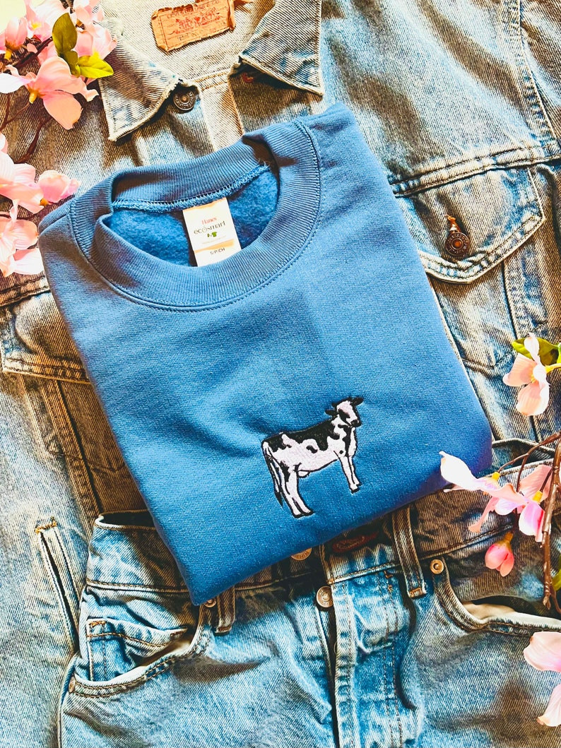 Cow Embroidered Crewneck Gift for Cow Lovers Cottage Core Farmer Style