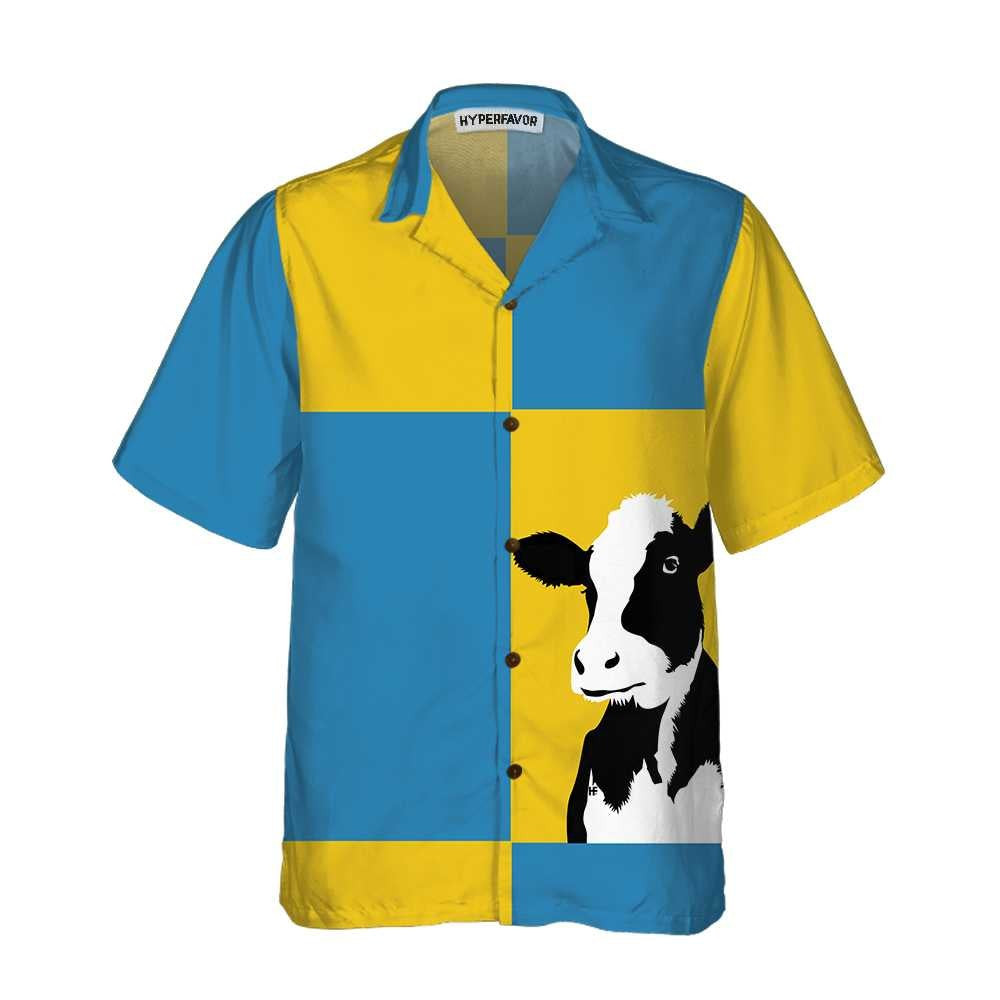 Cow On Yellow And Blue Background Hawaiian Shirt Cow Shirt For Men  Women Funny Cow Print Shirt