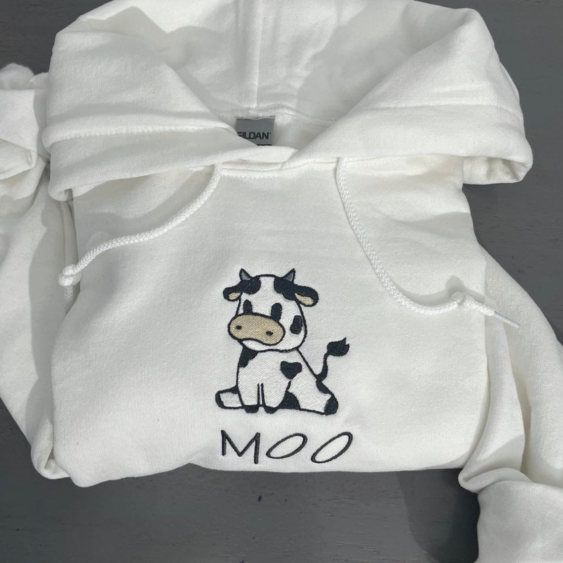 Cow Print Embroidered Hoodie Cow Lovers Hoodie Cow Design Embroidered Crewneck Cow Hoodies