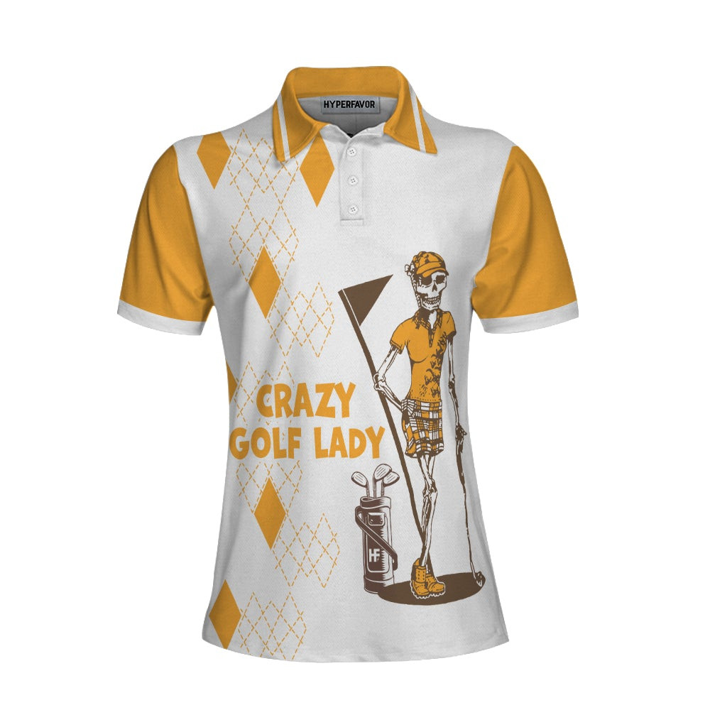 Crazy Golf Lady Short Sleeve Women Polo Shirt White And Yellow Golf Shirt For Ladies Funny Female Golf Gift