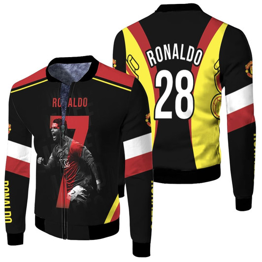 Cristiano Ronaldo 28 Manchester United Football Logo Black Gold Fleece Bomber Jacket