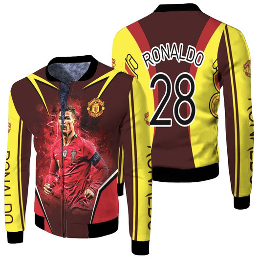 Cristiano Ronaldo 28 Manchester United Football Logo Gold Red Fleece Bomber Jacket