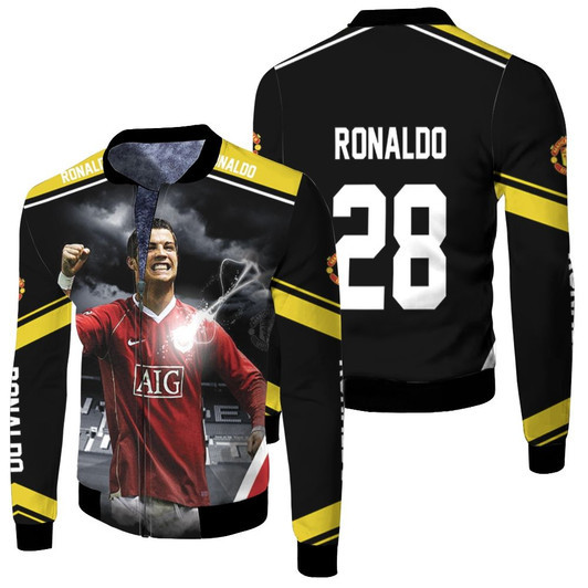 Cristiano Ronaldo 28 Manchester United Legend Football Logo Black Fleece Bomber Jacket