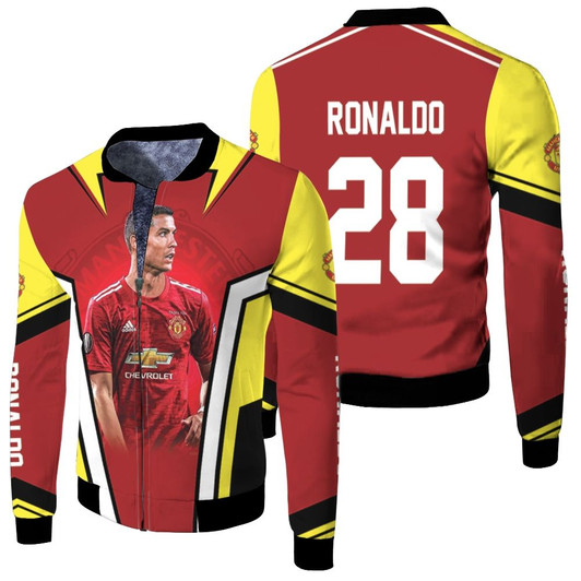 Cristiano Ronaldo 28 Manchester United Legend Football Logo Red Gold Fleece Bomber Jacket