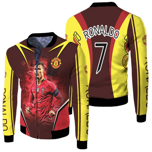 Cristiano Ronaldo 7 Manchester United Football Logo Gold Red Fleece Bomber Jacket