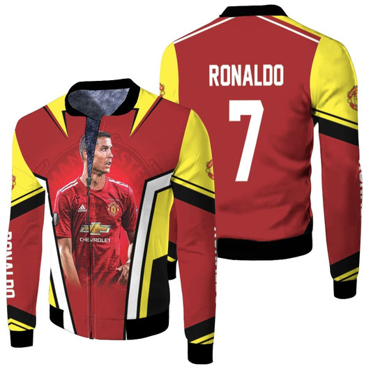 Cristiano Ronaldo 7 Manchester United Legend Football Logo Red Gold Fleece Bomber Jacket