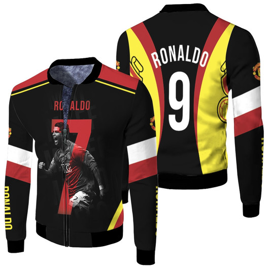 Cristiano Ronaldo 9 Manchester United Football Logo Black Gold Fleece Bomber Jacket