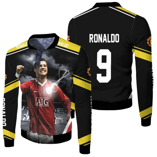 Cristiano Ronaldo 9 Manchester United Legend Football Logo Black Fleece Bomber Jacket