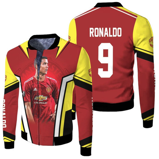 Cristiano Ronaldo 9 Manchester United Legend Football Logo Red Gold Fleece Bomber Jacket