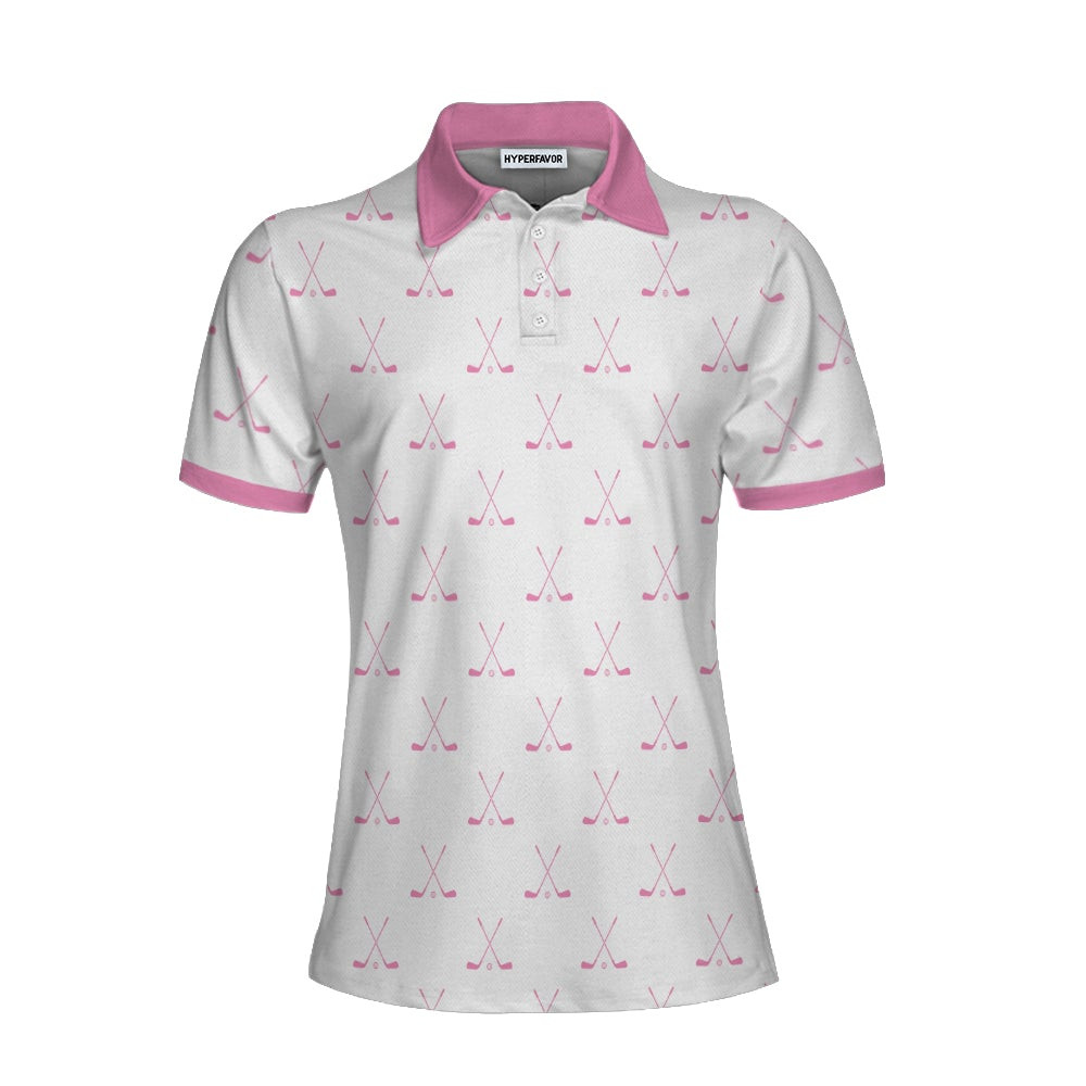 Crossed Golf Clubs Pink And White Golf Short Sleeve Women Polo Shirt Simple Golf Shirt Design For Ladies