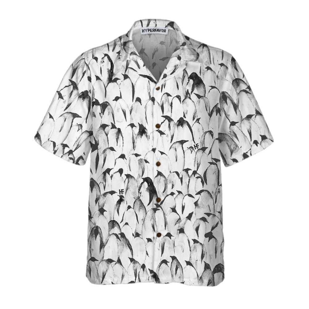 Crowd Penguin Seamless Pattern Penguin Hawaiian Shirt Cool Penguin Shirt For Men Penguin Themed Gift Idea
