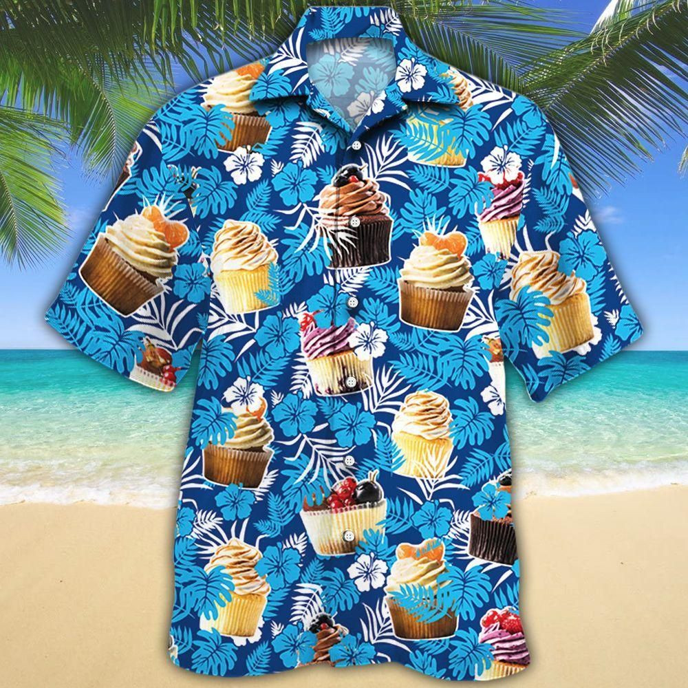 Cupcake Lovers Blue Floral Aloha Hawaiian Shirt Colorful Short Sleeve Summer Beach Casual Shirt For Men And Women