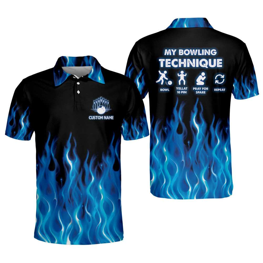 Custom Blue Flames Bowling Shirt for Men My Bowling Technique Polo Shirts Short Sleeve Funny Bowling Team Polo