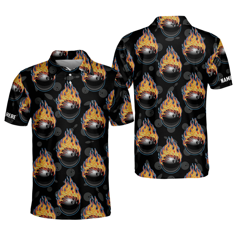 Custom Bowling Shirts for Men Flame Bowling Ball Polo Shirts Short Sleeve Funny Team Bowling Shirt