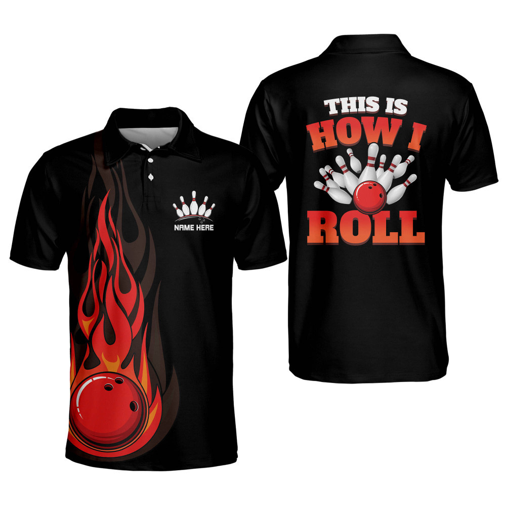 Custom Bowling Shirts for Men Funny Black Flame Bowling Polo Shirts Short Sleeve Team USA Bowling Shirt Funny