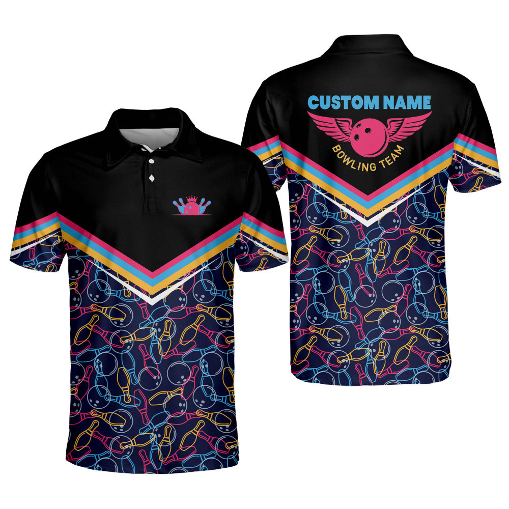 Custom Bowling Shirts for Men Mens Bowling Polo Shirts Short Sleeve Bowling Team Shirts Funny Bowling Ball Wing Polo Shirts