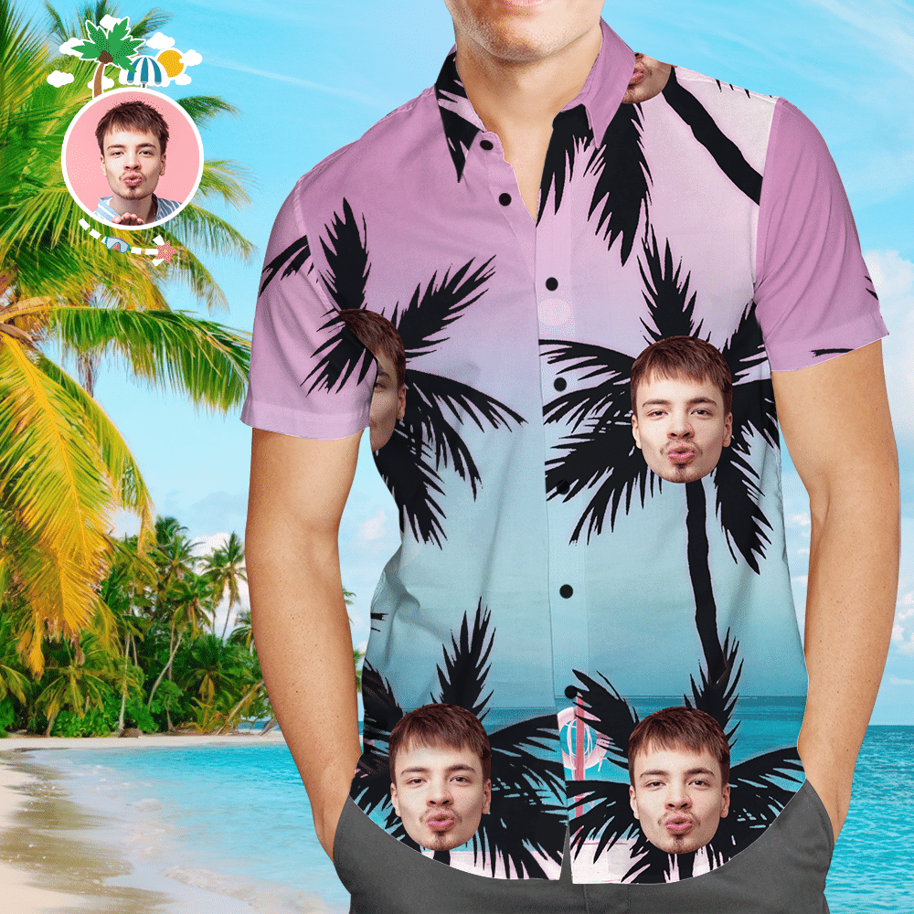 Custom Face All Over Print Beach Style Hawaiian Shirt Coconut Trees Colorful Short Sleeve Summer Beach Casual Shirt For Men And Women