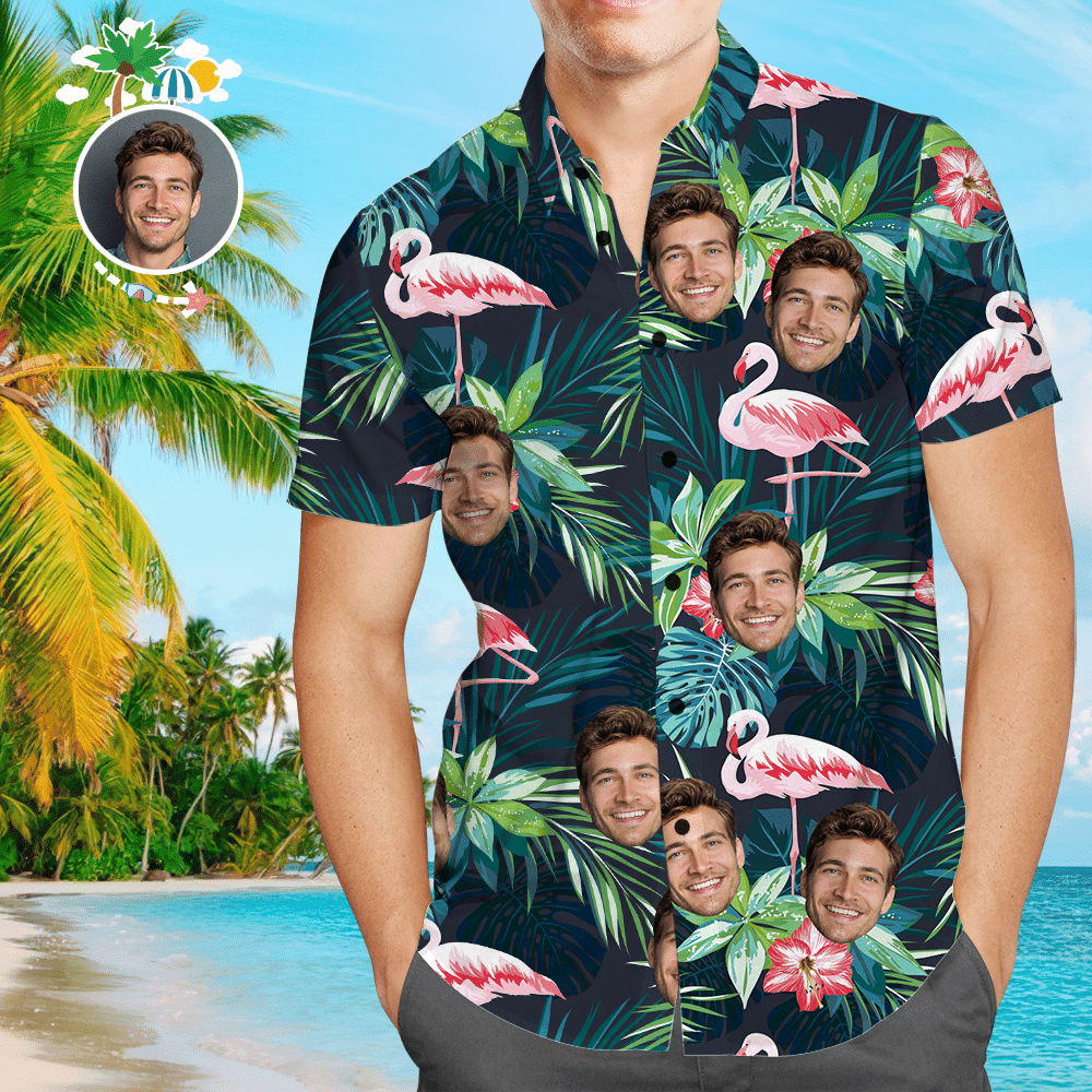 Custom Face All Over Print Hawaiian Shirt Flamingo Flowers And Leaves Colorful Short Sleeve Summer Beach Casual Shirt For Men And Women