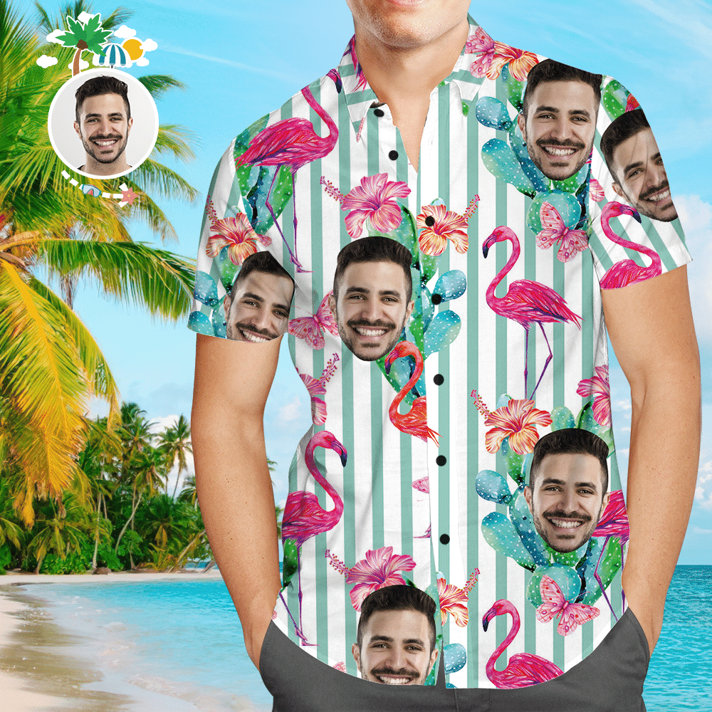 Custom Face All Over Print Stripe Hawaiian Shirt Flamingo Colorful Short Sleeve Summer Beach Casual Shirt For Men And Women