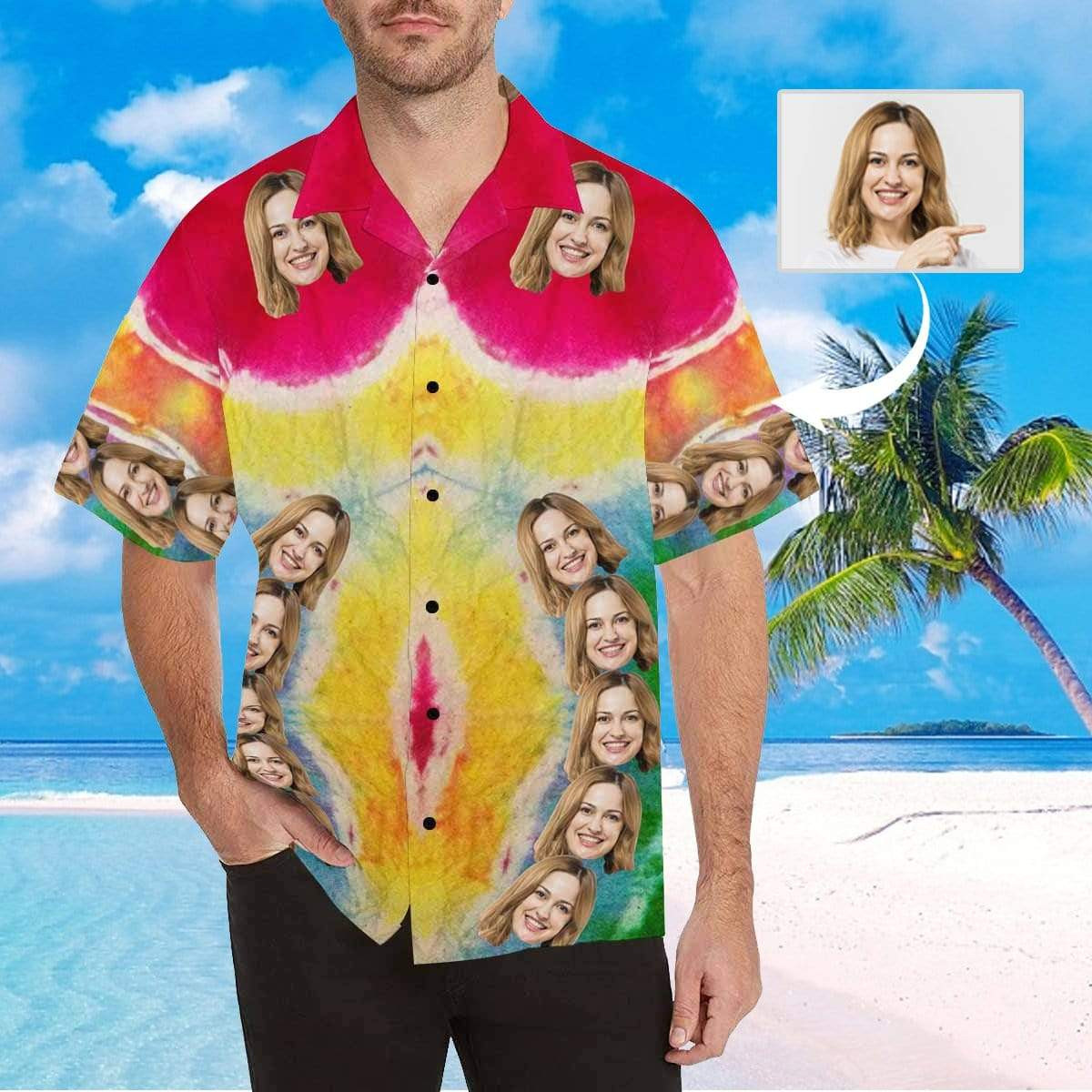 Custom Face Colorful Mens All Over Print Hawaiian Shirt Colorful Short Sleeve Summer Beach Casual Shirt For Men And Women