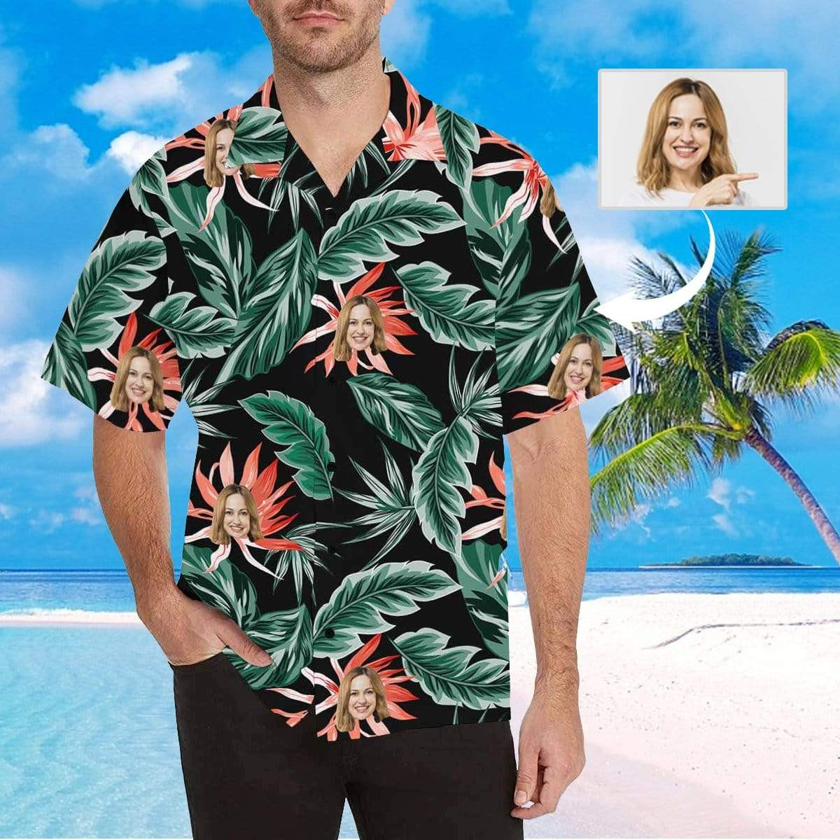 Custom Face Dark Green Leaves Red Flower Mens All Over Print Hawaiian Shirt Colorful Short Sleeve Summer Beach Casual Shirt For Men And Women