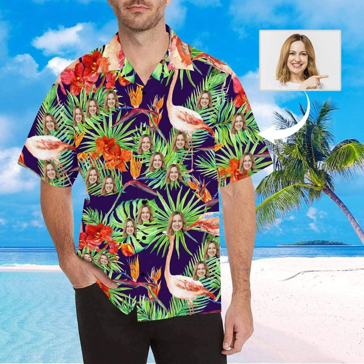 Custom Face Flamingo Small Red Flowers Mens All Over Print Hawaiian Shirt Colorful Short Sleeve Summer Beach Casual Shirt For Men And Women