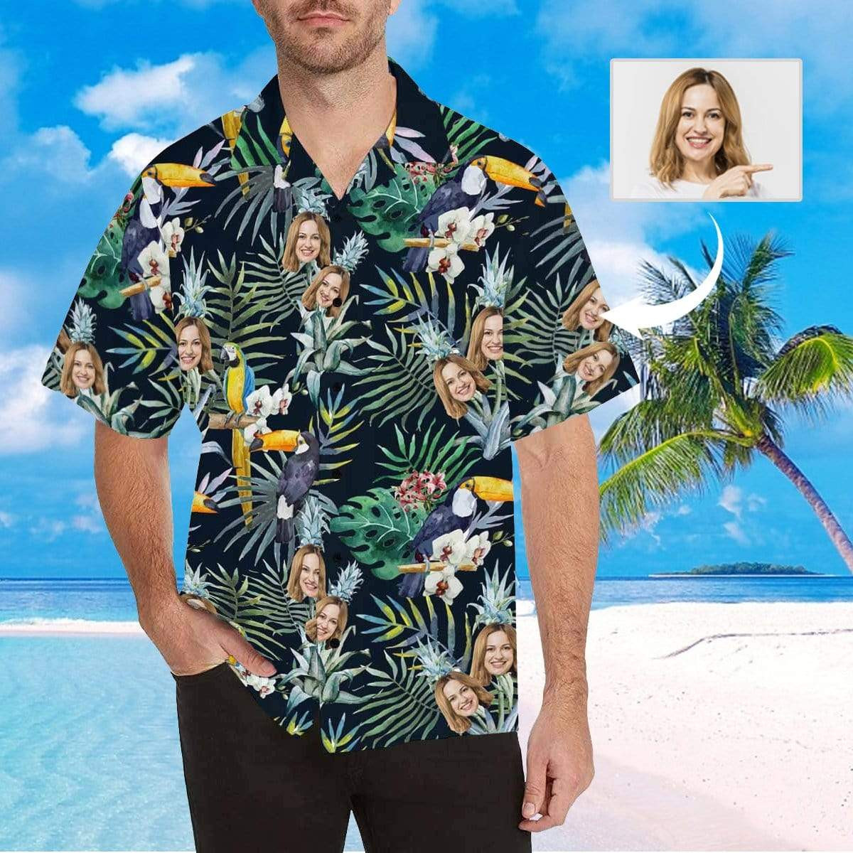 Custom Face Flower Parrot Mens All Over Print Hawaiian Shirt Colorful Short Sleeve Summer Beach Casual Shirt For Men And Women