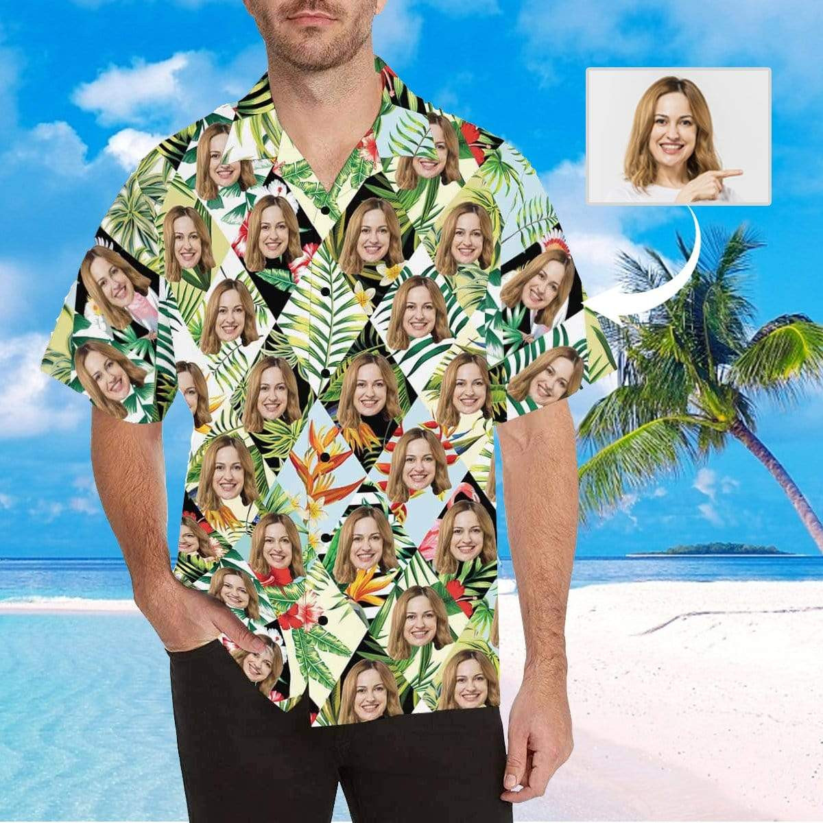 Custom Face Green Grid Plants Mens All Over Print Hawaiian Shirt Colorful Short Sleeve Summer Beach Casual Shirt For Men And Women