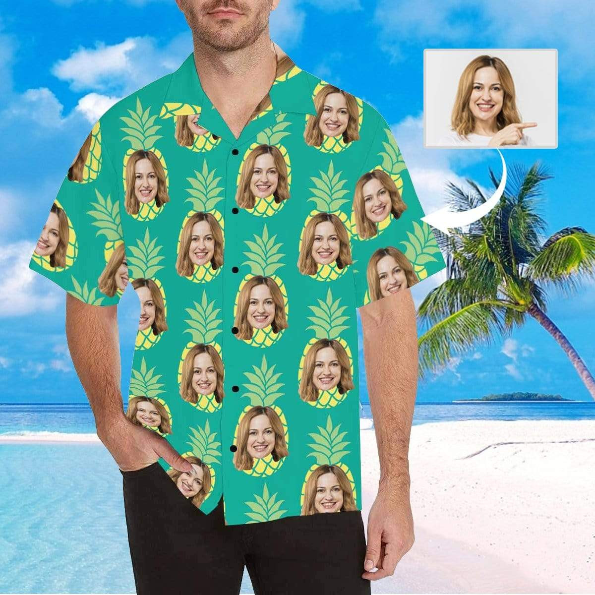 Custom Face Green Pineapple Girlfriend Mens All Over Print Hawaiian Shirt Colorful Short Sleeve Summer Beach Casual Shirt For Men And Women