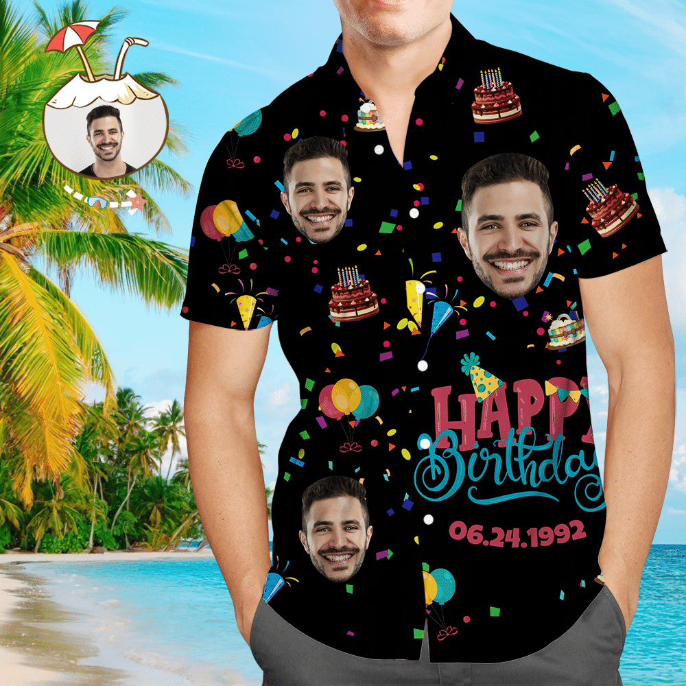Custom Face Happy Birthday Hawaiian Shirt Mens All Over Print Unique Birthday Gift Colorful Short Sleeve Summer Beach Casual Shirt For Men And Women