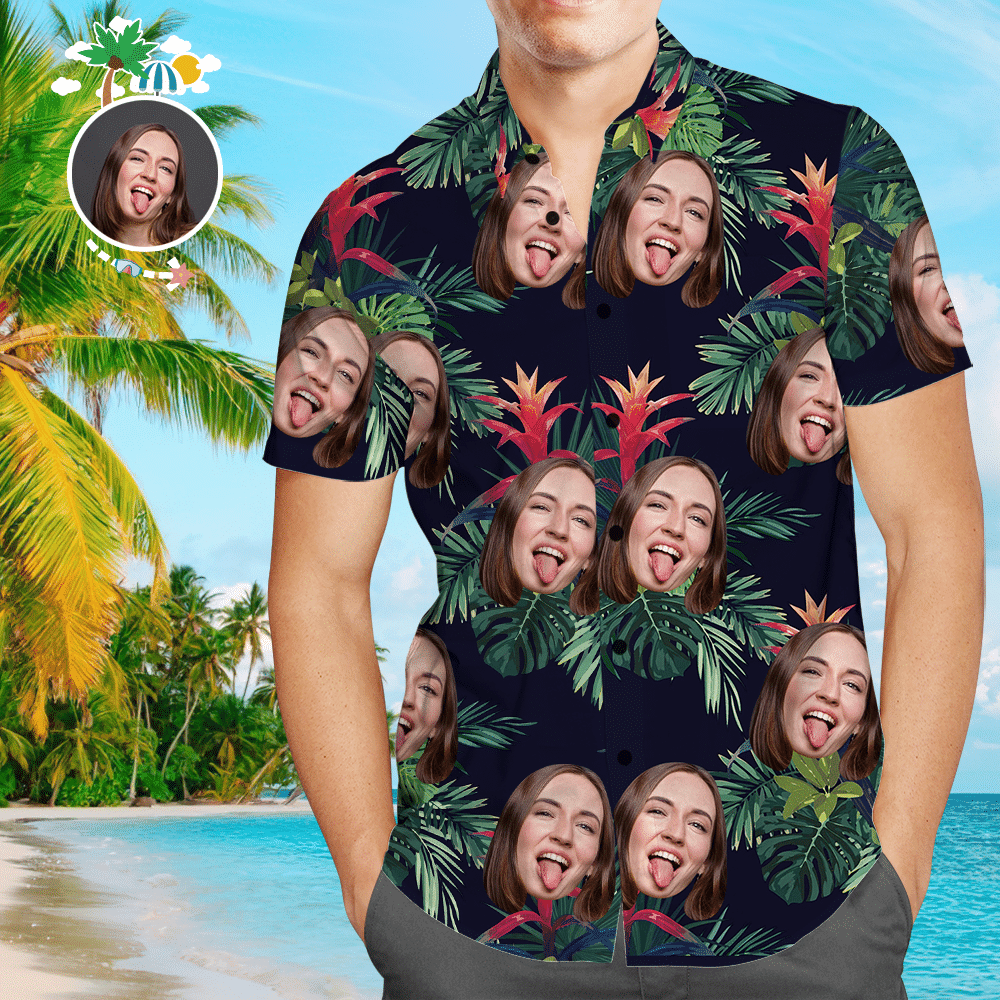 Custom Face Hawaiian Shirt All Over Print Leaves Colorful Short Sleeve Summer Beach Casual Shirt For Men And Women