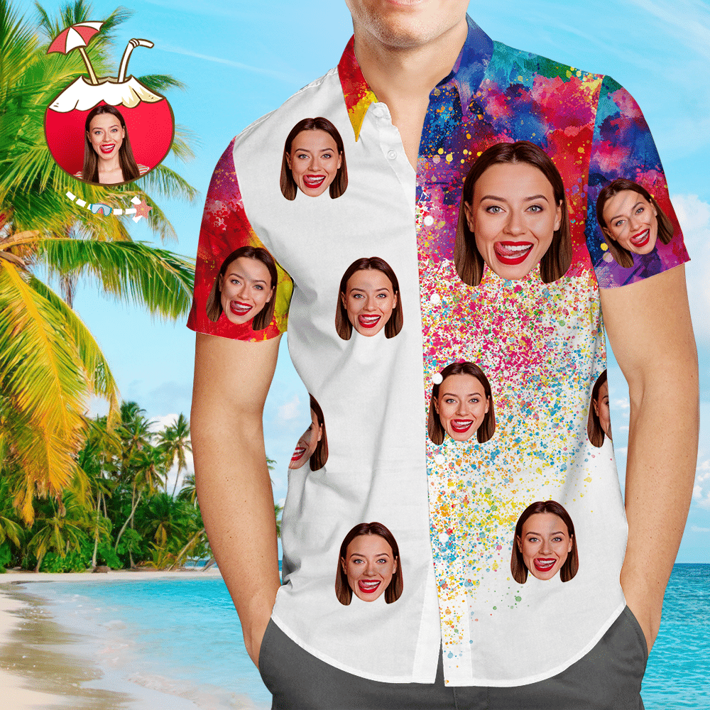 Custom Face Hawaiian Shirt Colour Graffiti Style Mens All Over Print Colorful Short Sleeve Summer Beach Casual Shirt For Men And Women