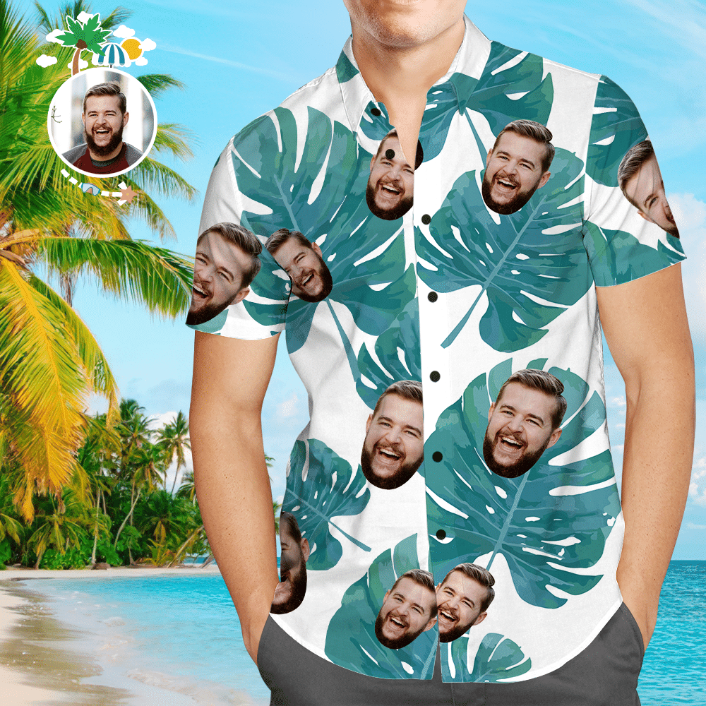 Custom Face Hawaiian Shirt Large Leaves Colorful Short Sleeve Summer Beach Casual Shirt For Men And Women