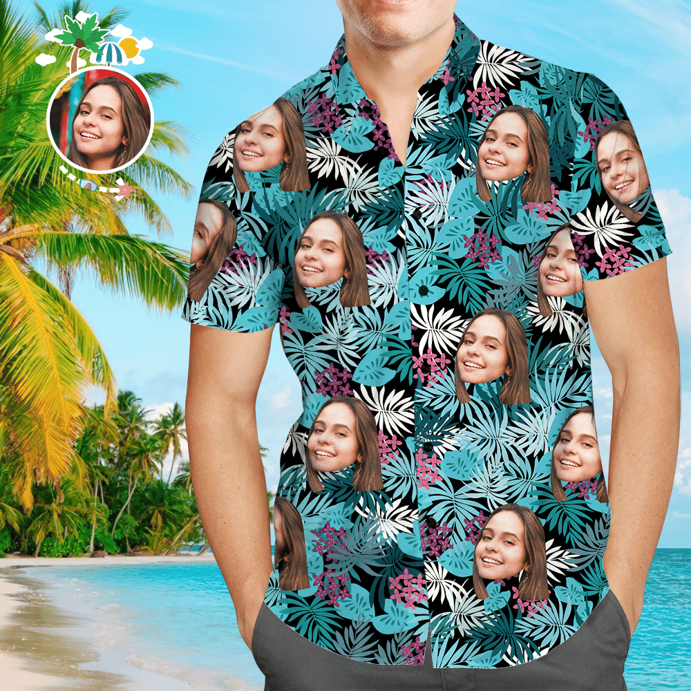 Custom Face Hawaiian Shirt Leaves Colorful Short Sleeve Summer Beach Casual Shirt For Men And Women