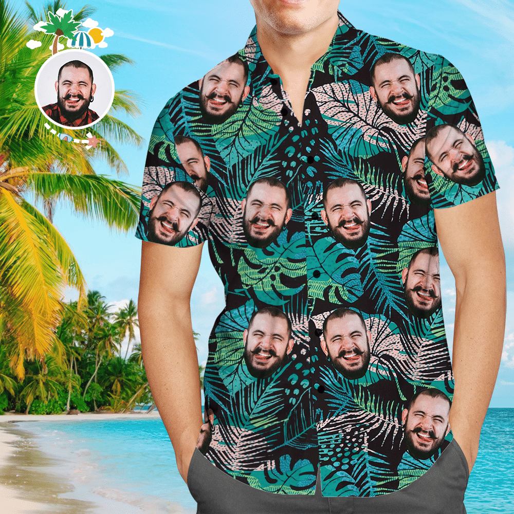 Custom Face Hawaiian Shirt Mens All Over Print Large Leaves Short Sleeve Shirt Colorful Short Sleeve Summer Beach Casual Shirt For Men And Women