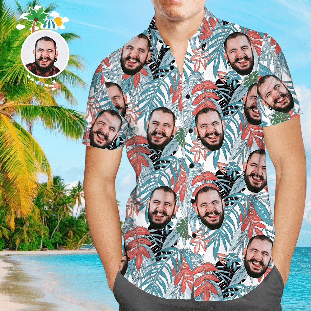 Custom Face Hawaiian Shirt Mens All Over Print Leaves Colorful Short Sleeve Summer Beach Casual Shirt For Men And Women