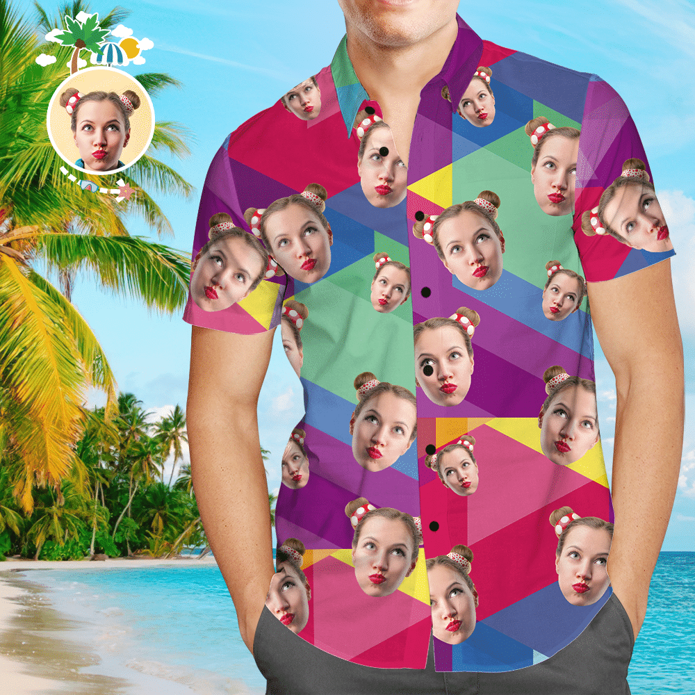 Custom Face Hawaiian Shirt Summer Color Stitching Colorful Short Sleeve Summer Beach Casual Shirt For Men And Women