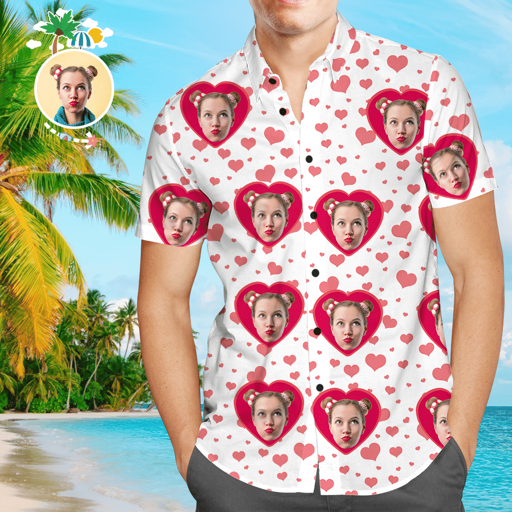 Custom Face Loving Couple Mens All Over Print Hawaiian Shirt Colorful Short Sleeve Summer Beach Casual Shirt For Men And Women