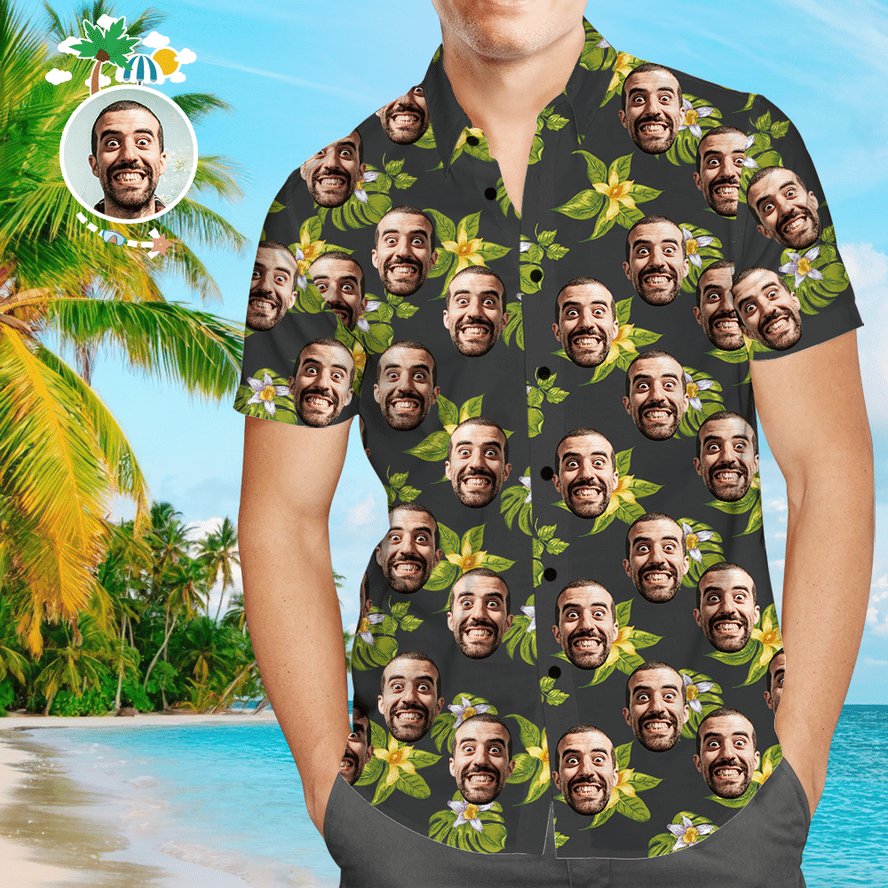 Custom Face Mens Hawaiian Shirt Green Flowers Colorful Short Sleeve Summer Beach Casual Shirt For Men And Women